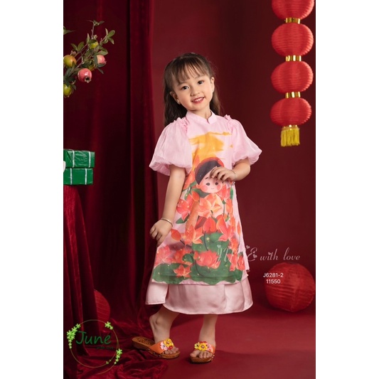 Đầm June J6281-Set áo dài họa tiết cô Tấm cùng những đoá hoa sen xinh xắn ,chất liệu tơ ánh kết hợp lụa satin
