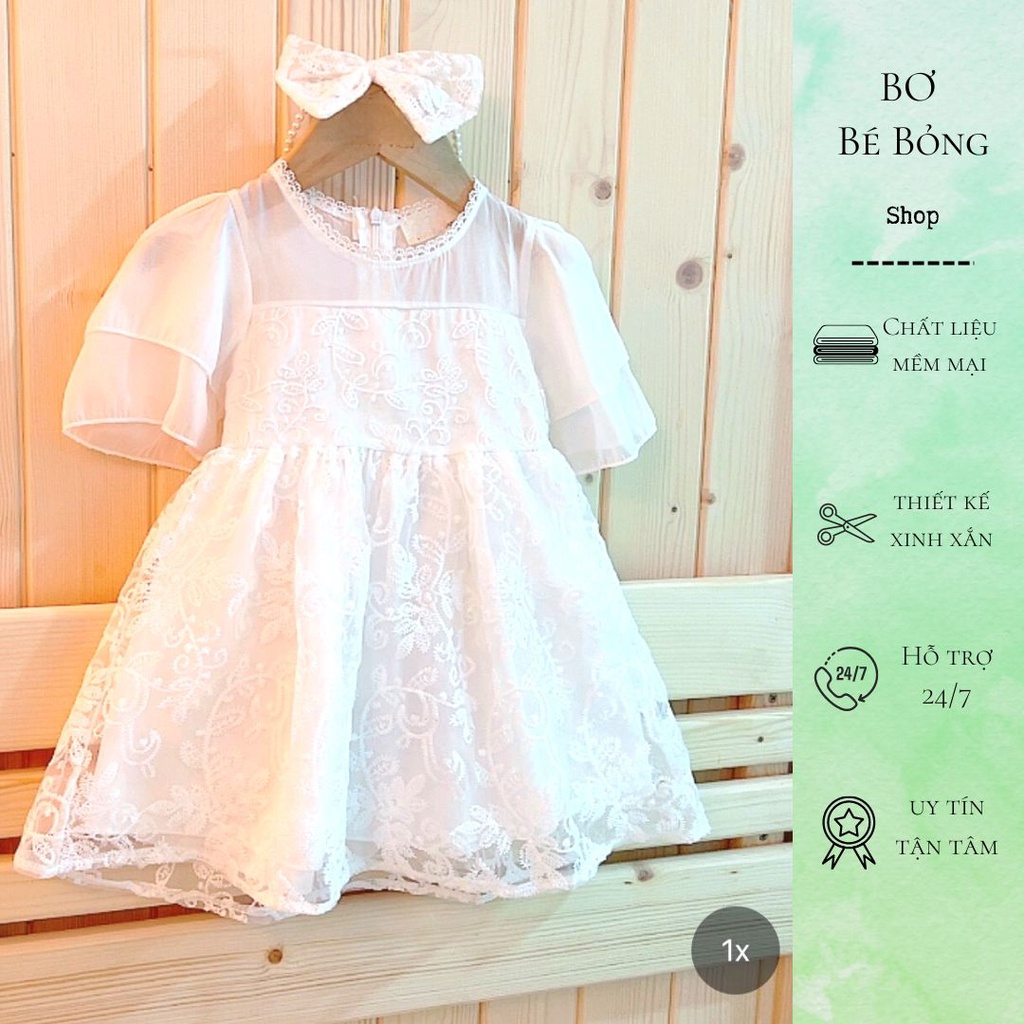 Váy Công Chúa Cho Bé Màu Trắng, Ren Mềm, Tay 2 Lớp, Kèm Bờm 8-30kg, Bơ Bé Bỏng