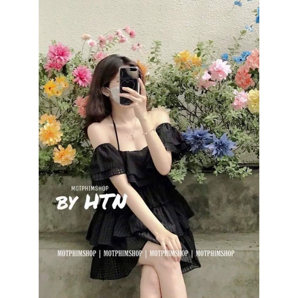 Đầm trễ vai caro