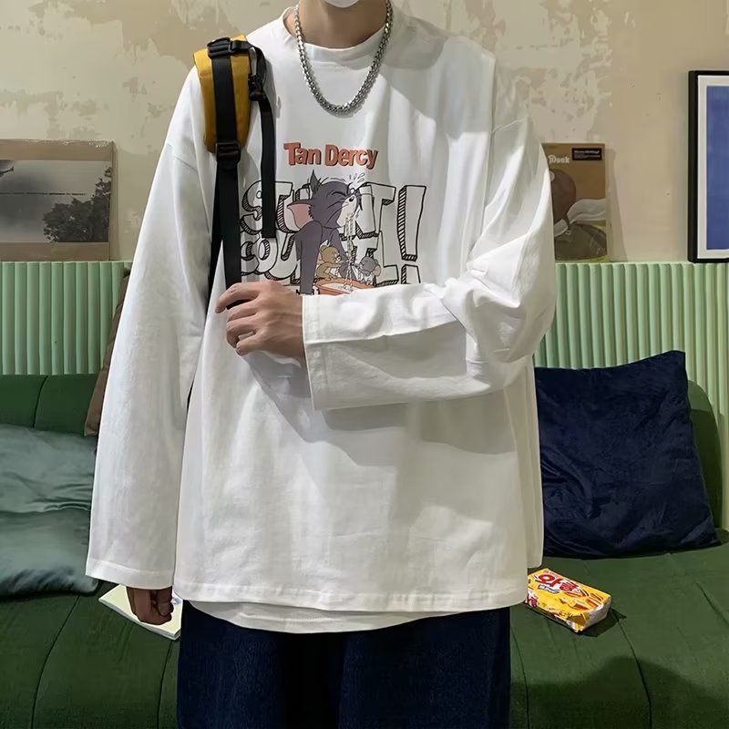 Áo Thun Tay Dài Dáng Rộng In Họa Tiết Hoạt Hình Phong Cách Hàn Quốc Thời Trang Cho Nam Và Nữ