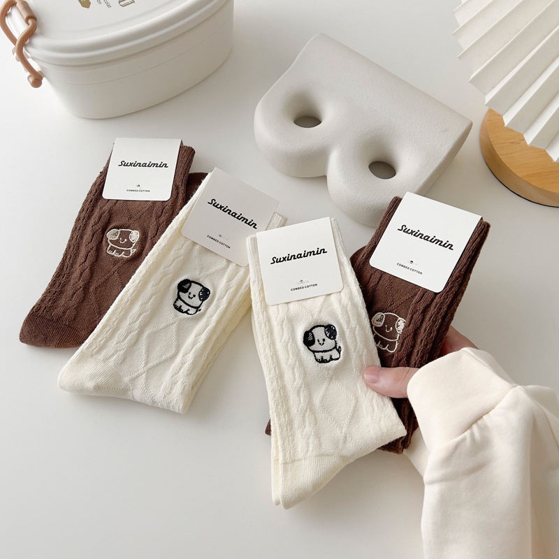 Vớ Cotton Thêu Hình Cún Dễ Thương Phong Cách Nhật Bản Cho Nữ