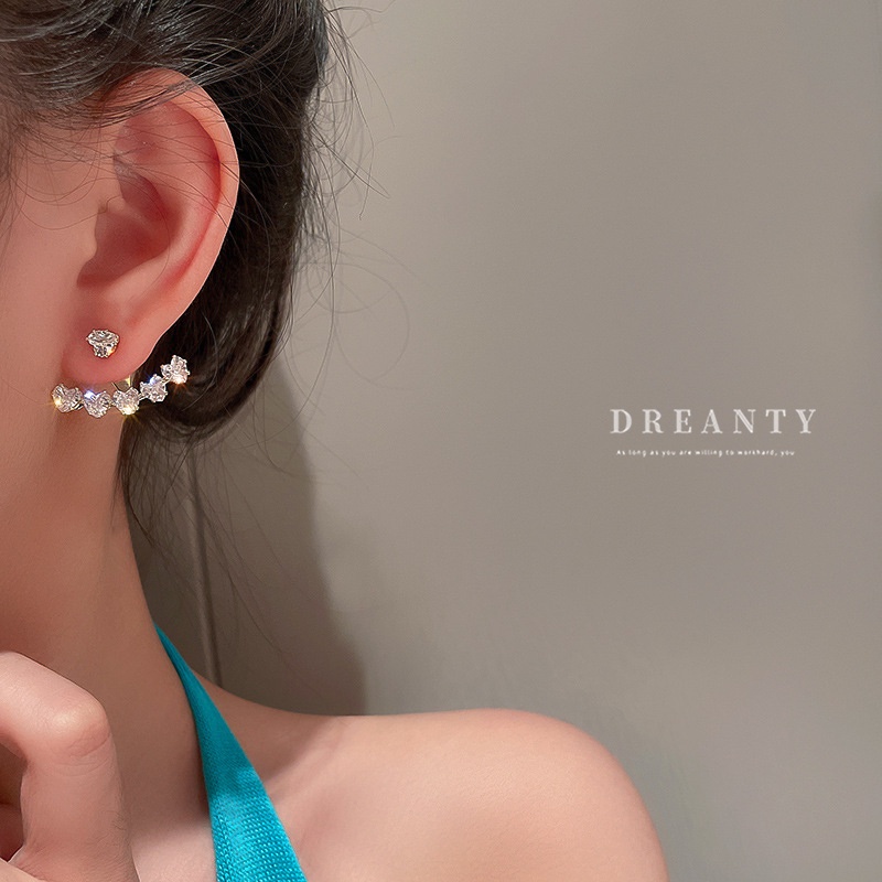 Bông Tai Mạ Bạc 925 Hình Bán Nguyệt Đính Đá Zircon Trái Tim Thời Trang