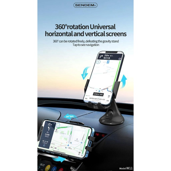 Giá đỡ trên oto Sendem W11 kẹp điện thoại ,đế hút chân không,xoay 360 độ