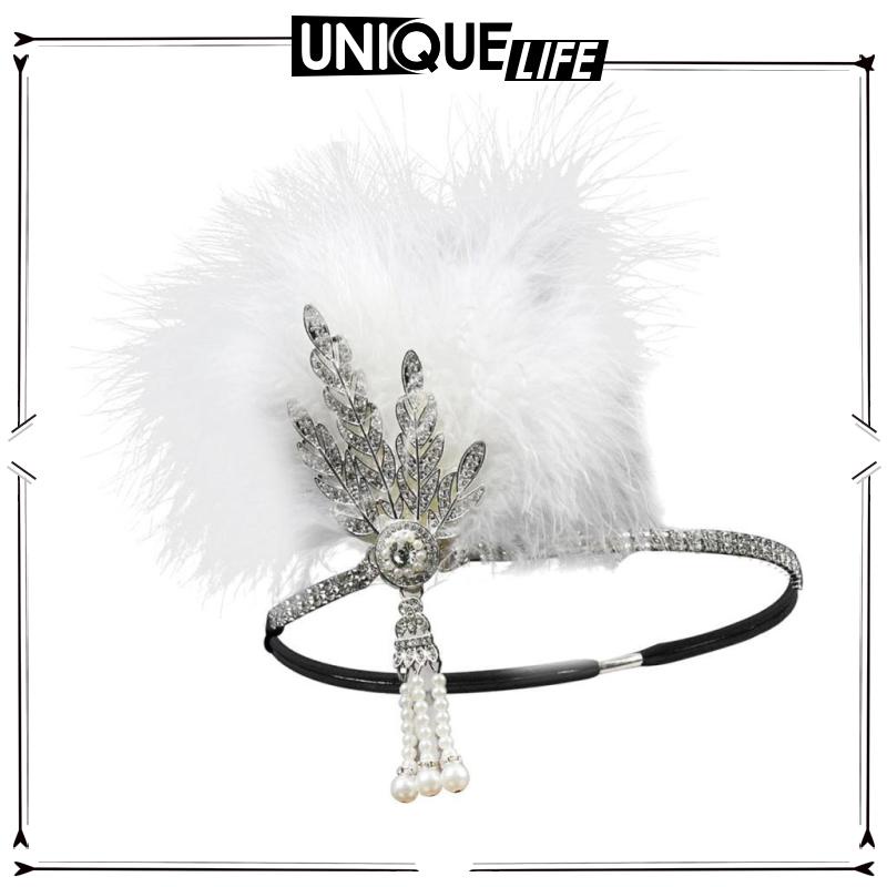 Băng Đô Cài Tóc Shiwaki4 1920s Phối Lông Vũ Màu Đen / Bạc Sang Trọng