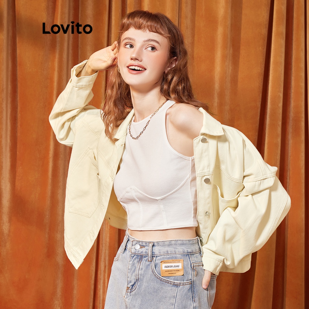 Lovito Áo khoác Denim nữ có cổ giản dị dài tay có túi L35ED041 (Trắt trắng) | BigBuy360 - bigbuy360.vn