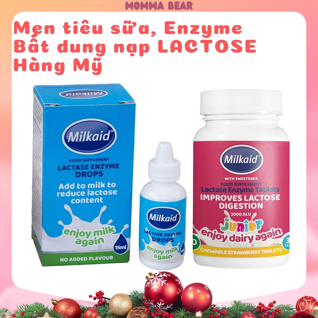 Men Tiêu Sữa Enzyme Lactase Milkaid Hỗ Trợ Bất Dung Nạp Lactose, Tiêu Chảy Khi Uống Sữa, Loại Nhỏ Giọt Và Viên Nhai