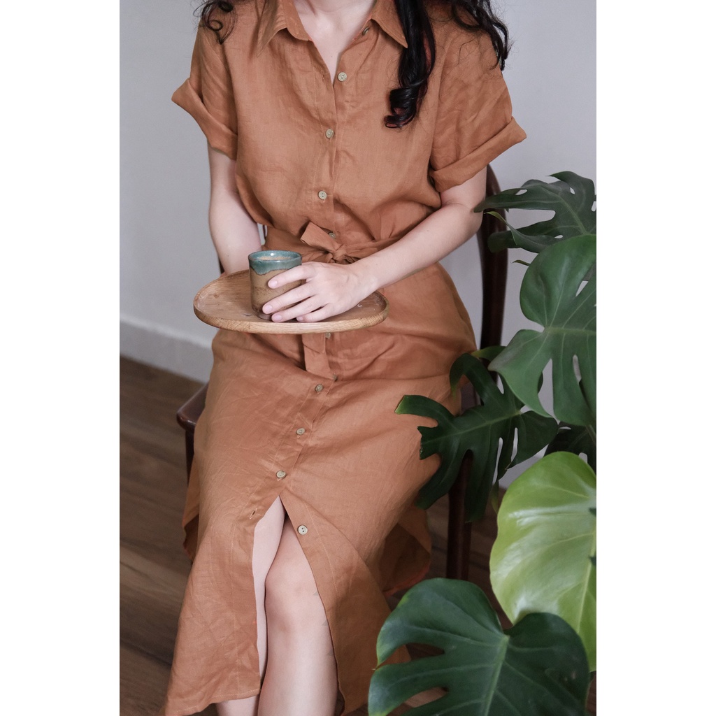 Đầm sơ mi Linen tưng nữ tay ngắn thời trang Linen