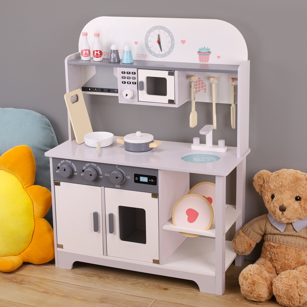 Bộ đồ chơi nhà bếp gỗ có tủ lạnh cho bé TOYSTORE bếp nấu ăn màu ghi bằng gỗ tự nhiên cao cấp an toàn