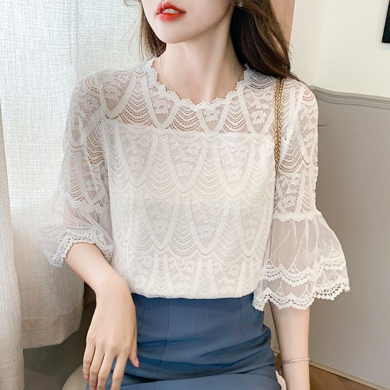 Áo Sơ Mi Tay Lửng Phối Ren Màu Trắng Thời Trang Mùa Hè Cho Nữ