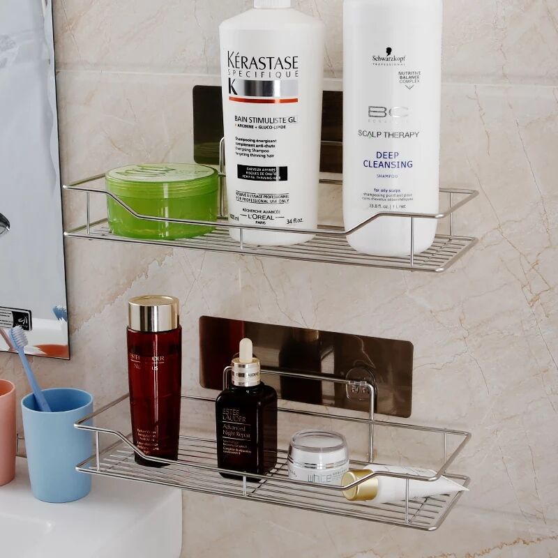 Kệ Nhà Tắm Inox Không Gỉ Kèm 6 Móc Giá Để Đồ Nhà Tắm Dán Tường Treo Đồ Tiện Lợi