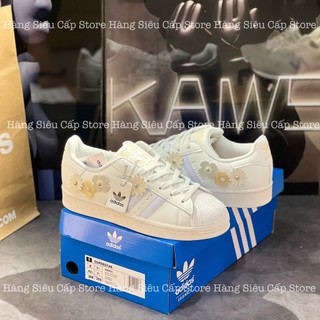 Giày thể thao adidas superstar w”white/daisy hoa cúc sò trắng sữa hoa cúc vàng sọc tím tặng tất