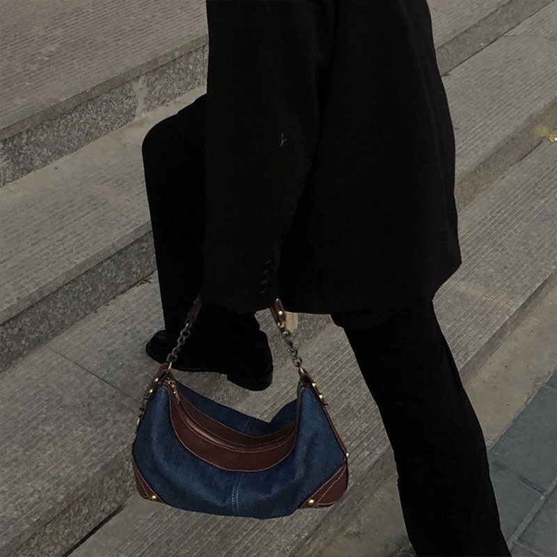 Túi xách đeo vai SUPERCUTE denim màu tương phản phong cách cổ điển thời trang cho nữ