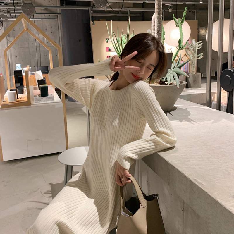 Đầm SUXI dệt kim tay dài cổ tròn ôm dáng vừa vặn phong cách vintage thời trang mùa thu thường ngày dành cho nữ