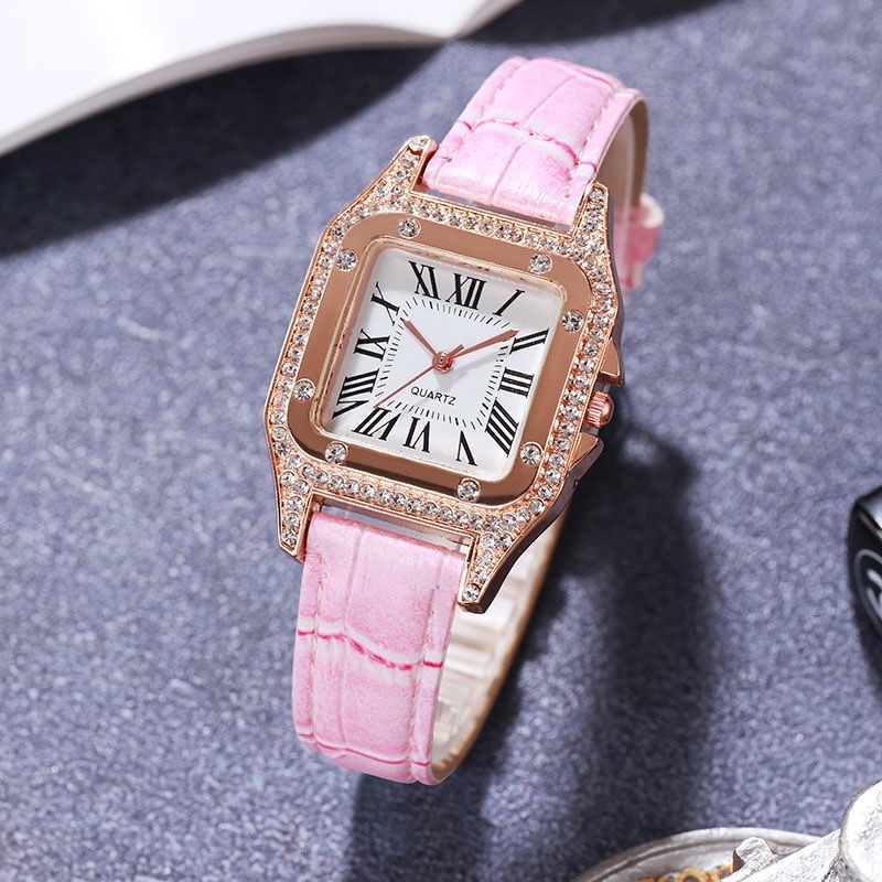 Đồng Hồ Quartz Nữ Mặt Vuông Đính Hột Xoàn Dây Da Thời Trang