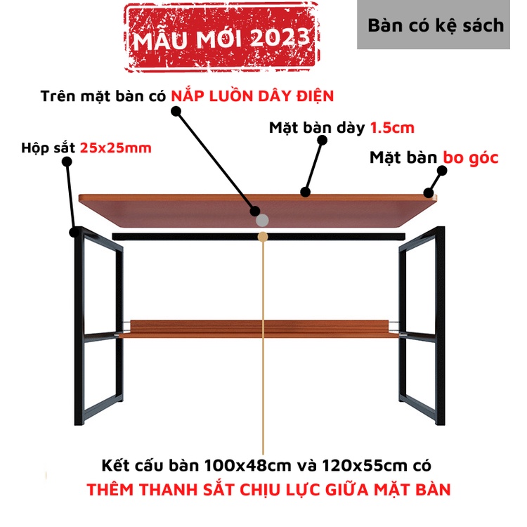 Bàn làm việc kèm 2 tầng thiết kế phong cách hiện đại, bàn học mặt gỗ MDF dễ lau chùi, khung sắt sơn tĩnh điện chắc chắn