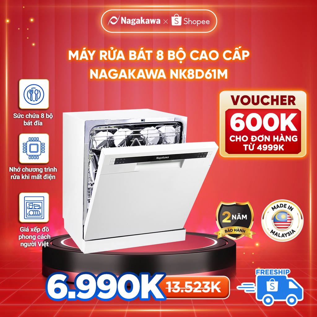 Máy rửa bát 8 bộ cao cấp Nagakawa NK8D61M - Bảo hành 2 năm - Made in Malaysia