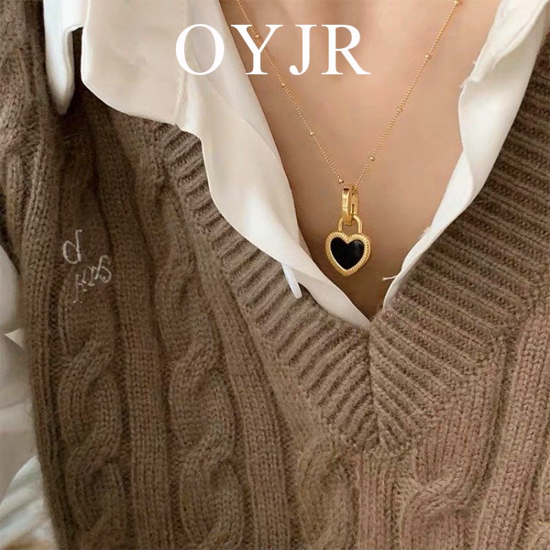 OYJR Vòng cổ titan nữ hình trái tim chống gỉ 2 mặt trang sức đen trắng 40 + 5cm