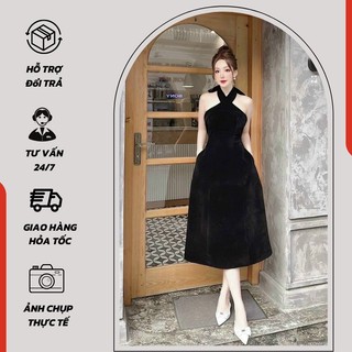 Đầm nhung dự tiệc dáng xòe cổ chéo cột nơ, đầm dự tiệc sáng chảnh - 1102
