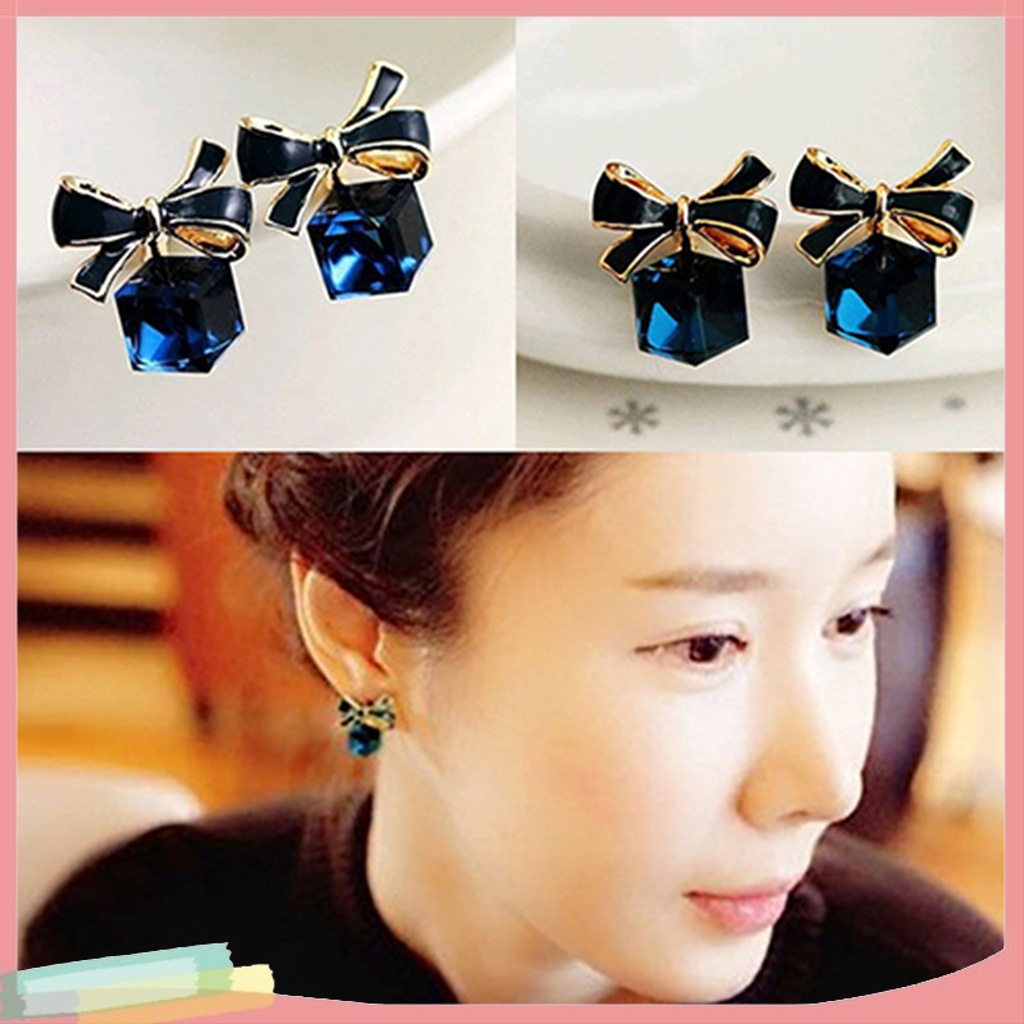 Đôi khuyên tai hình khối Zircon phối nơ thời trang cho nữ