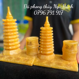 Tháp văn xương đá ngọc hoàng long kèm ống bút - kích cỡ 15cm&18cm