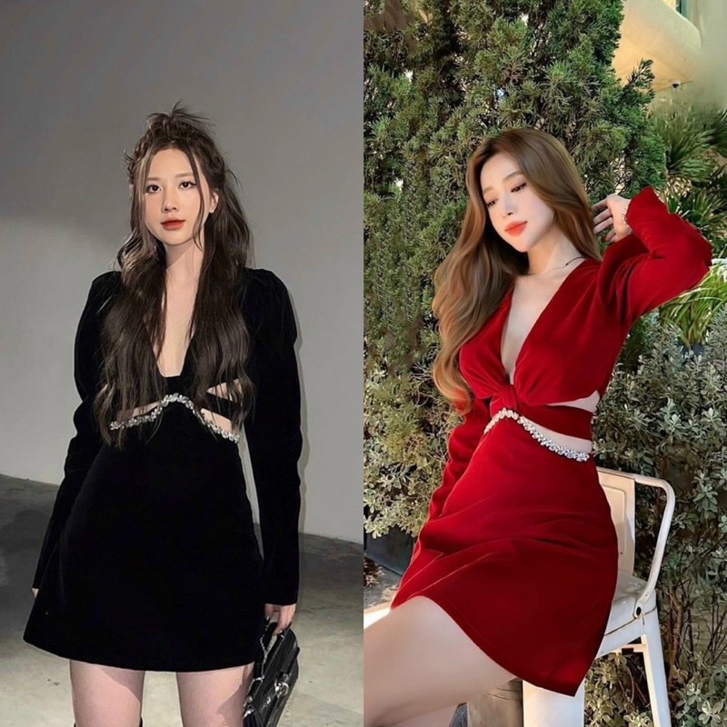 ĐẦM NHUNG CỔ V KHOÉT EO VIỀN CƯỜM