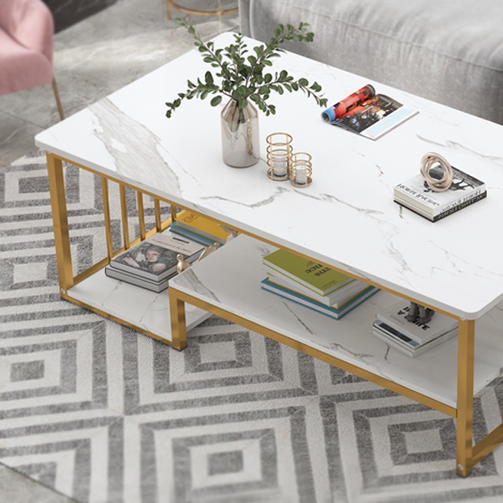 Bàn trà sofa, bàn sofa phòng khách decor, bàn uống nước mặt gỗ MDF vân đá KT 100x50x42 cm B013 | BigBuy360 - bigbuy360.vn