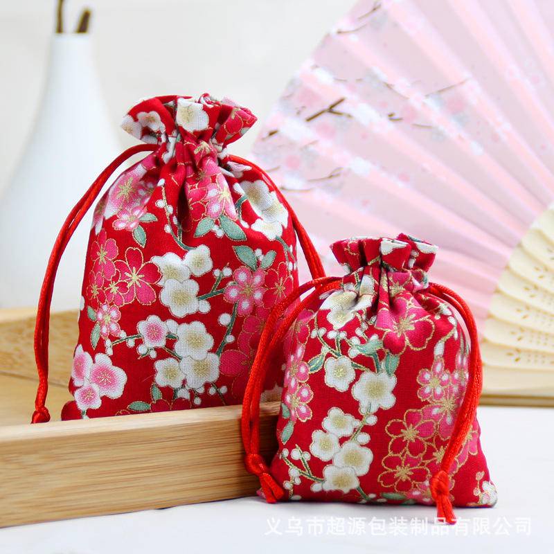 Túi Dây Rút Vải Lanh Cotton Họa Tiết Hoa Anh Đào May Mắn Phong Cách Trung Hoa