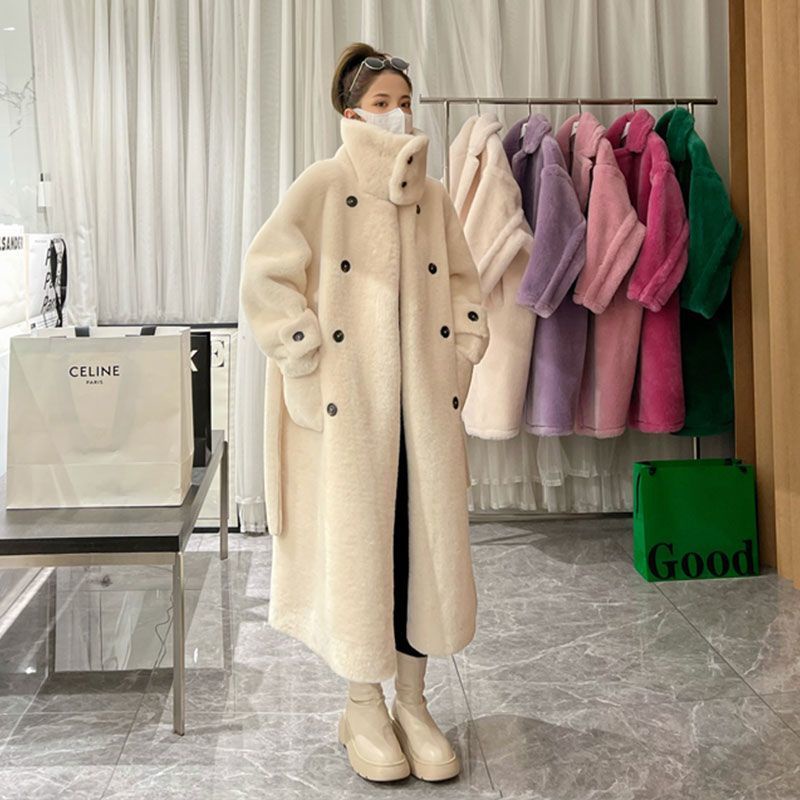 [S N ph m] Áo Khoác Lông Cừu Dày Dáng Dài Cổ Đứng Hai Hàng Nút Cài Phong Cách Hàn Quốc Dễ Phối Đồ Mùa Đông Cho Nữ