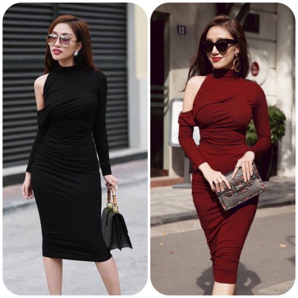 🔥𝓠𝓾ả𝓷𝓰 𝓒𝓱â𝓾 CAO CẤP🔥 Đầm ôm body thiết kế tay dài hở một bên vai màu đen đỏ đô vải thun co dãn 4D cao cấp ladyv