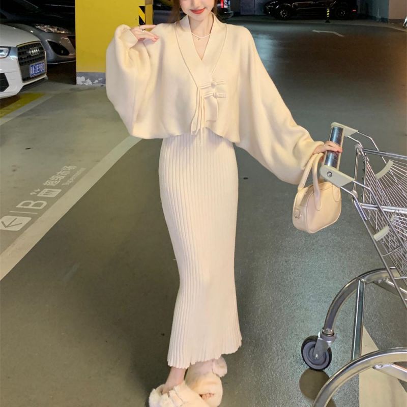 Set Áo Khoác cardigan + Đầm Hai Dây Dệt Kim Thời Trang Thu Đông Hàng Mới 2022 Dành Cho Bạn Nữ