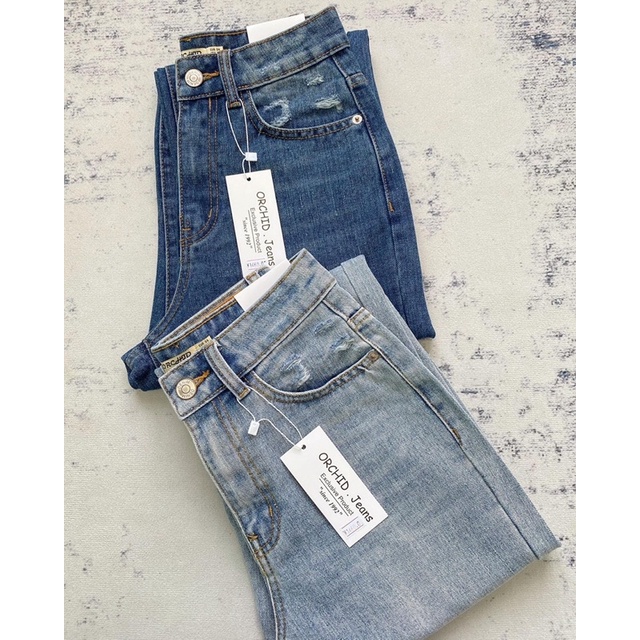 Quần jeans rách ống suông lai cắt lưng cao