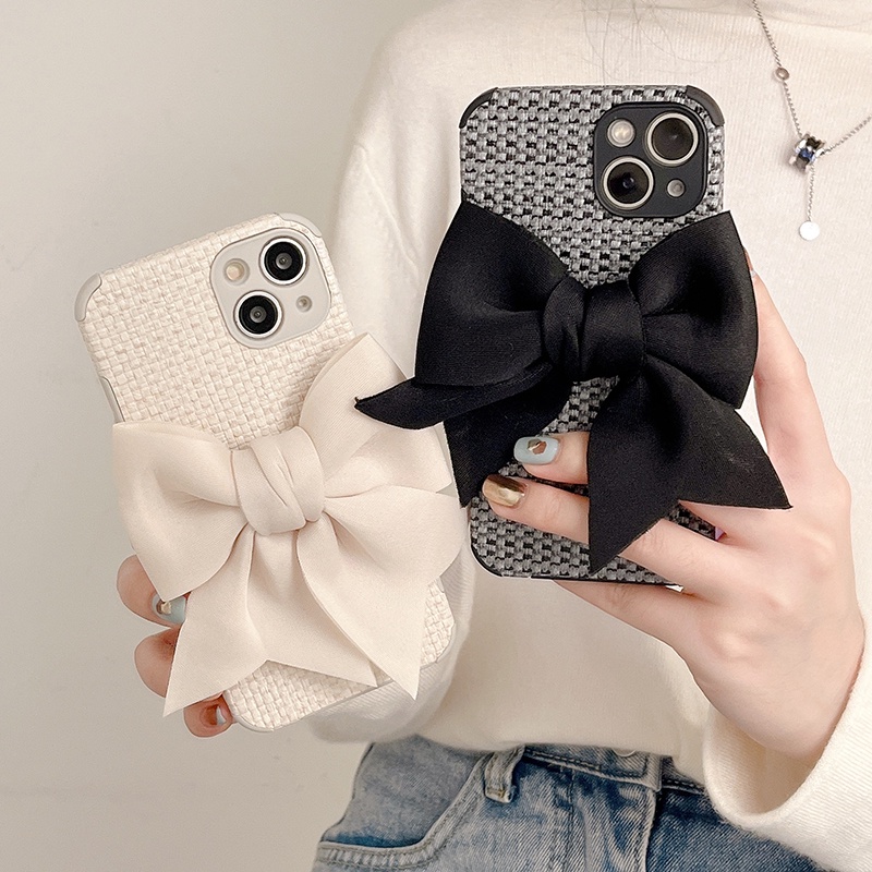 Ốp Điện Thoại Mềm Kiểu Dệt Sọc Caro Đính Nơ Cho IPhone 14 13 12 11 Pro Max X XR XS Max 7 8 Plus SE 3