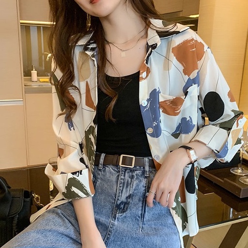 ZHELIHANGFEI Áo Sơ Mi Tay Dài Dáng Rộng In Họa Tiết Độc Đáo Thời Trang Mùa Thu Cho Nữ