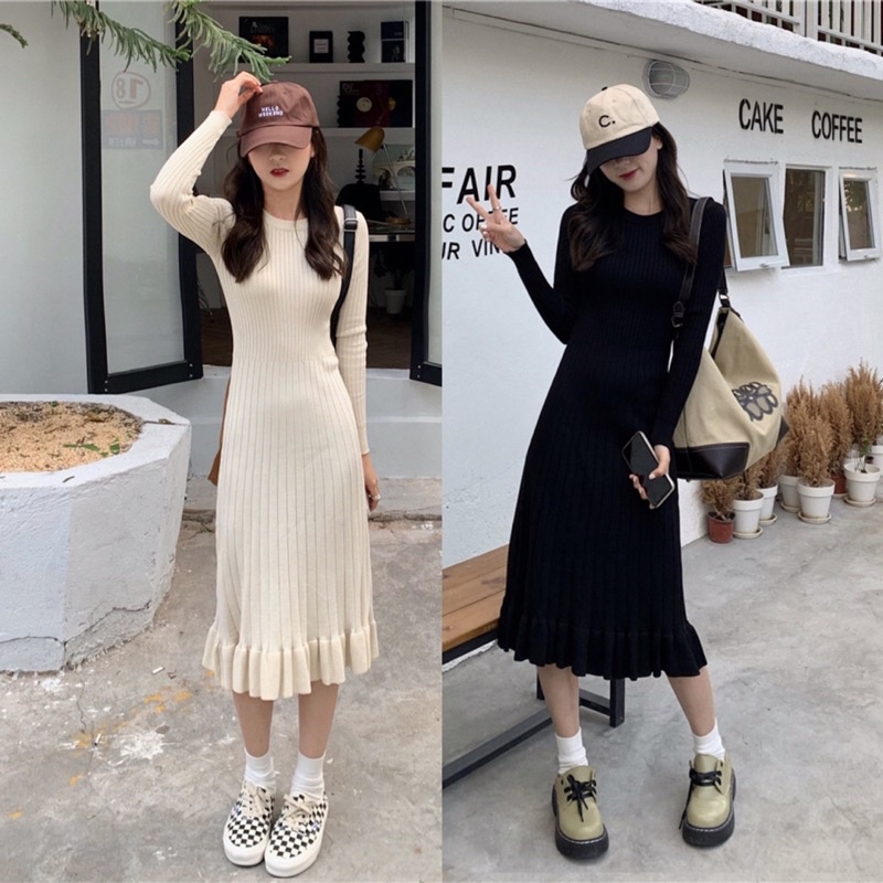 Đầm len body dệt kim liền thân tay dài cao cấp với phần chân váy đuôi cá mùa thu đông kiểu pháp hepburn nữ