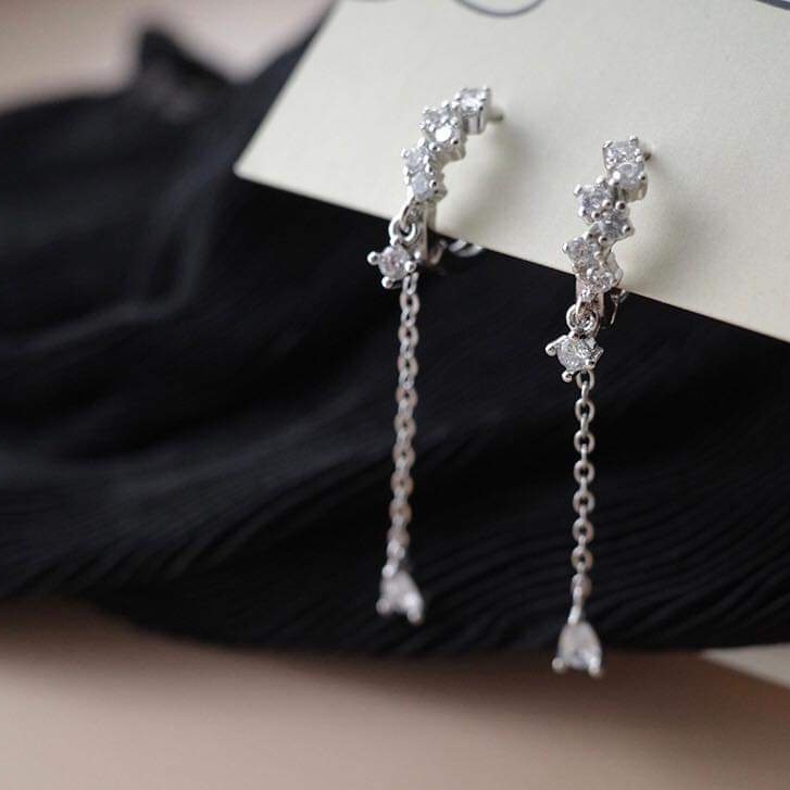 Khuyên tai bạc khuyên tròn sát tai nạm một hàng đá thả đá tua dài nhẹ nhàng Van jewelry