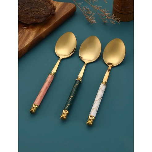 Sét 6 thìa dĩa ăn mạ vàng sang trọng cán cầm sứ cẩm thạch trang trí bàn ăn gia đình, nhà hàng phong cách hiện đại