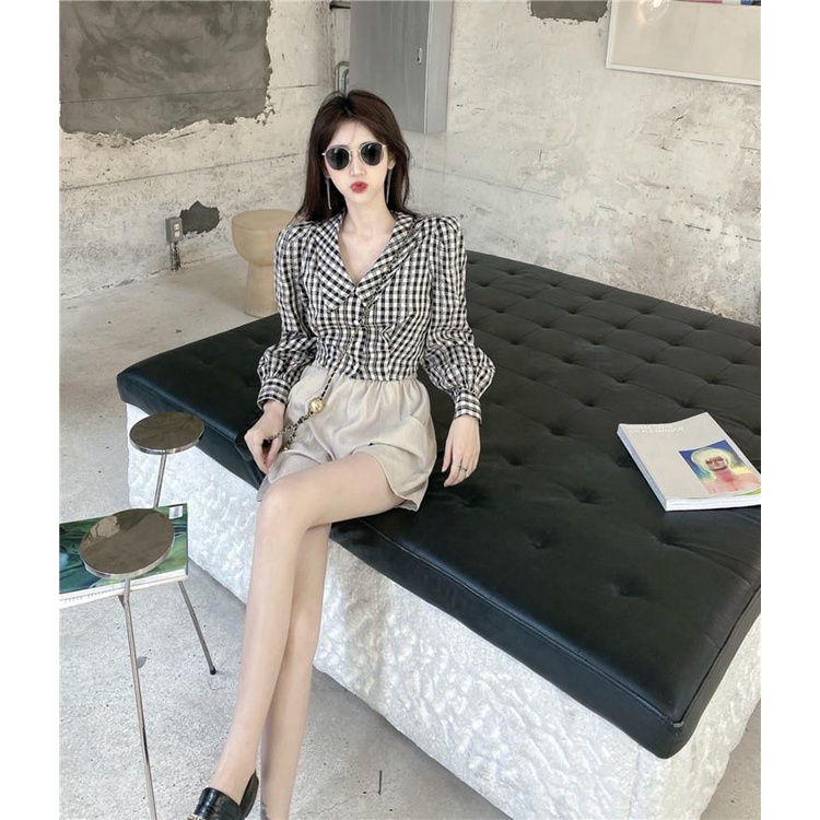 Áo Sơ Mi Croptop Cổ Búp Bê Tay Phồng Kẻ Sọc Kiểu Retro Cá Tính
