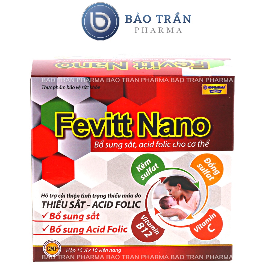 Viên uống bổ máu Fevitt Nano bổ sung sắt cho bà bầu, cải thiện tình trạng thiếu máu (Hộp 10vỉ x 10 viên nang)