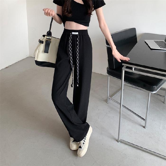 Quần Thể Thao Màu Đen Lưng Cao Co Giãn Phối Dây Rút Phong Cách Hàn Quốc Thời Trang Xuân Hè Cho Nữ