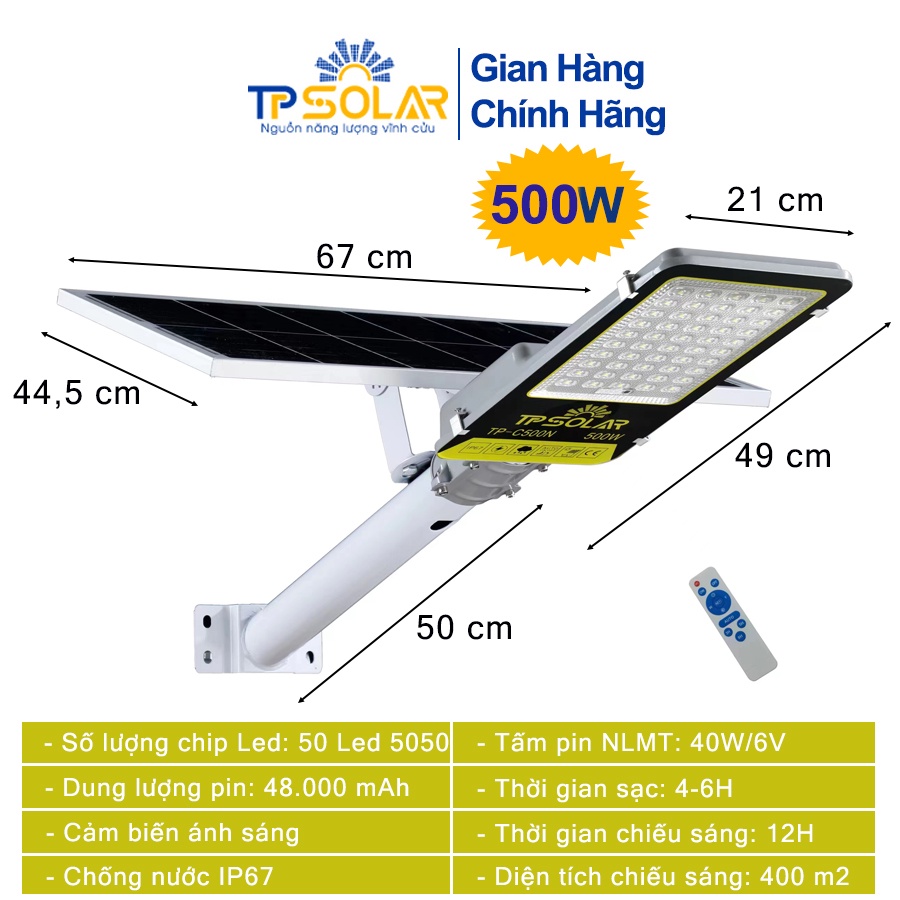 Đèn Bàn Chải Năng Lượng Mặt Trời TP Solar TP-C500N Công Suất 500W Chống Nước IP76, Công Suất Lớn