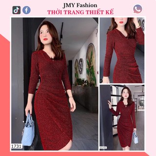 V1731 Váy đỏ body ánh nhũ [FREESHIP] váy thun nhũ dáng ôm body cổ V sang chảnh - (MC) Modish and Chic