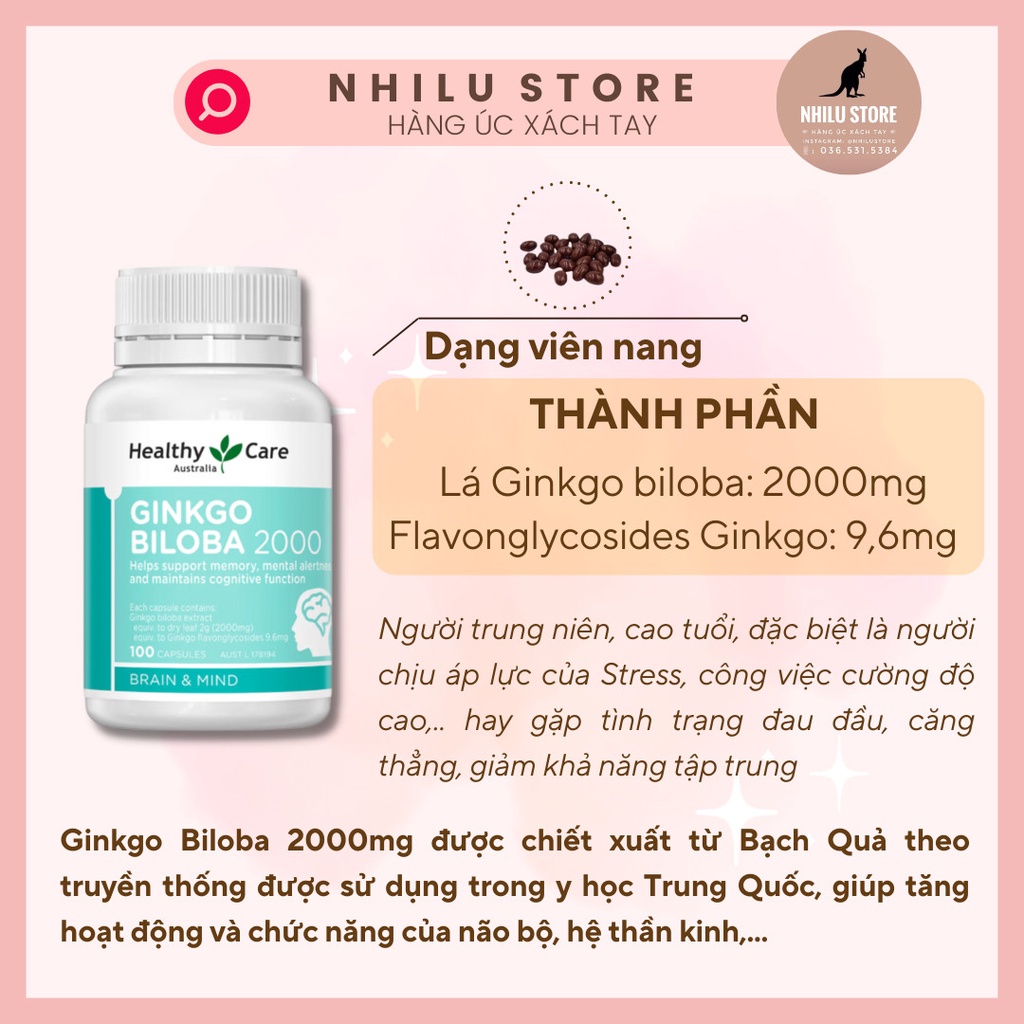 Viên Uống Bổ não Ginkgo Biloba Healthy Care 2000mg