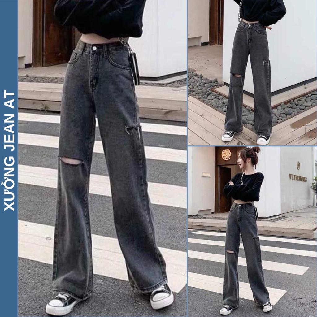 Quần Jeans Nữ Ống Rộng Rách Lưng Cao Màu Xám Khói, Quần Bò Ống Rộng Rách Hông và Đùi Siêu Hot 00.1