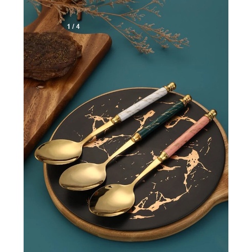 Sét 6 thìa dĩa ăn mạ vàng sang trọng cán cầm sứ cẩm thạch trang trí bàn ăn gia đình, nhà hàng phong cách hiện đại