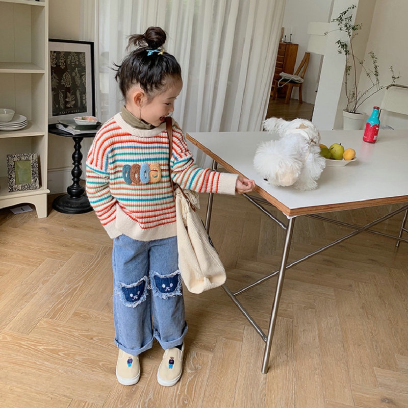 Quần Jean Ống Rộng Họa Tiết Mèo Hoạt Hình Phong Cách Hàn Quốc Cho Bé Gái 2-8 Tuổi