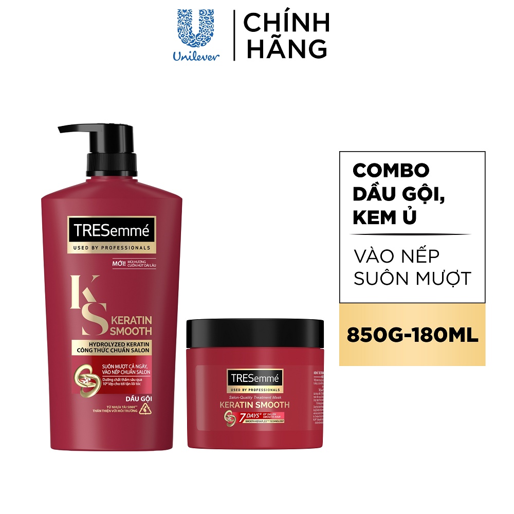 Combo Dầu Gội 850g & Kem Ủ 180ml TRESemmé Keratin Smooth với công thức Hydrolyzed Keratin Vào Nếp Suôn Mượt  chuẩn Salon