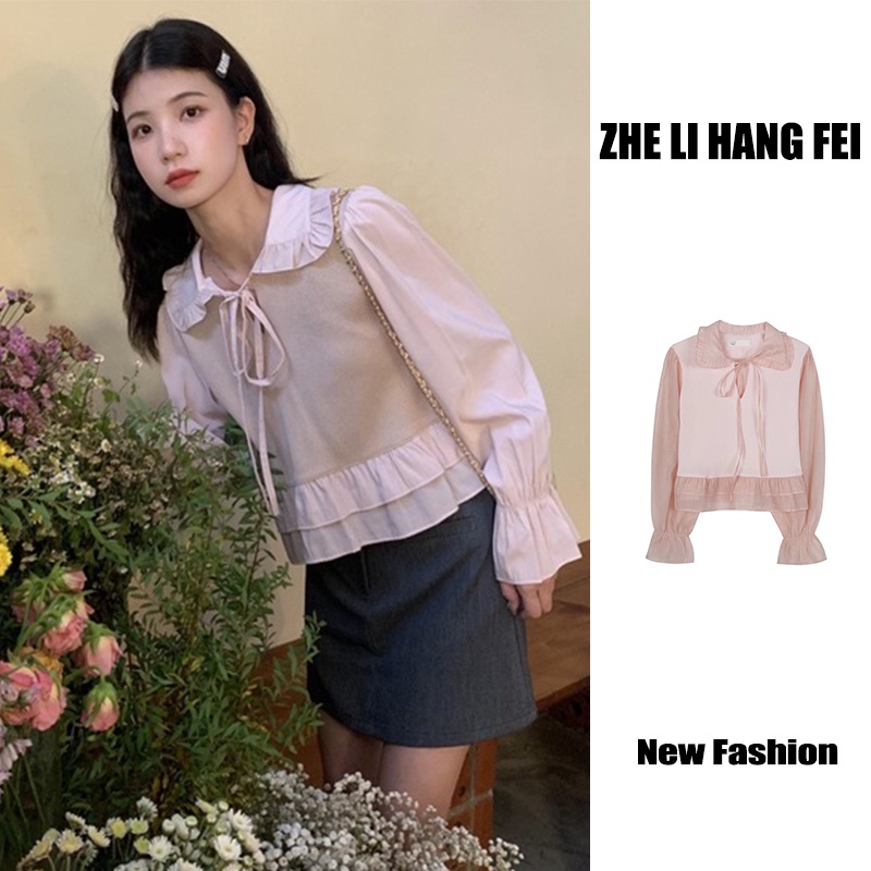 Áo sweater ZHELIHANGFEI tay dài lưng cao dáng ôm phối bèo phong cách Nhật Bản trẻ trung cao cấp
