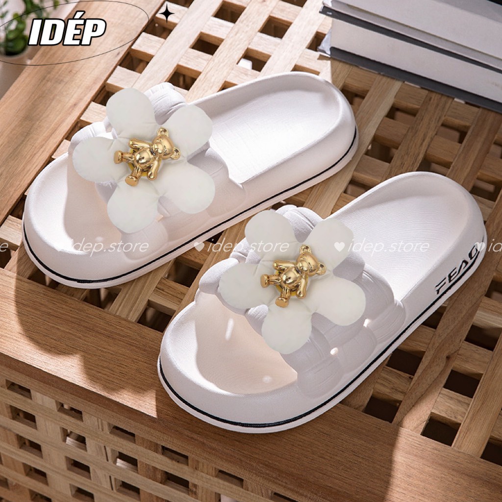 Dép bánh mì nữ quai ngang gắn sticker GẤU HOA cute iDÉP- DL263