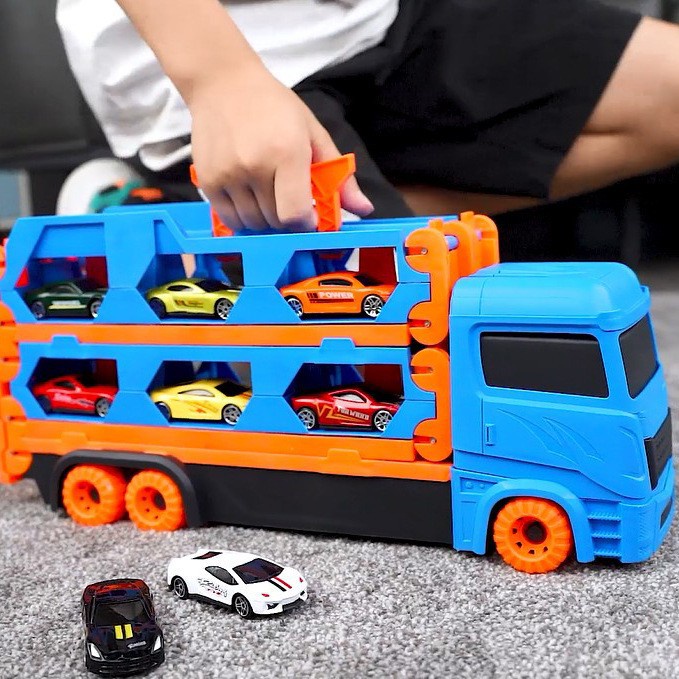 Ô tô đồ chơi xe tải 3 tầng kèm 8 xe đua nhỏ mô hình đường đua xe dài 1.65 - 2m có thể gấp gọn cho bé, quà tặng sinh nhật
