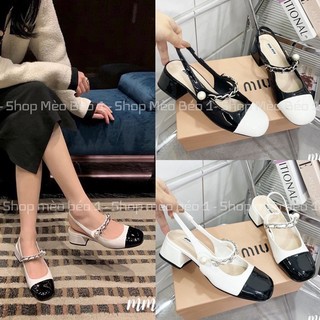 Sandal miu miu quai xích ngang đính ngọc gót thấp fullbox